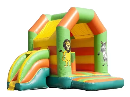 Jungle-themed bounce house with slide, colorful lion and zebra graphics, and spacious design. Perfect for kids' parties. Buy online today!