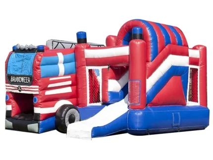 Fire truck-themed inflatable bounce house with slide, vibrant red, blue, and white design. Perfect for kids' parties. Buy online today!