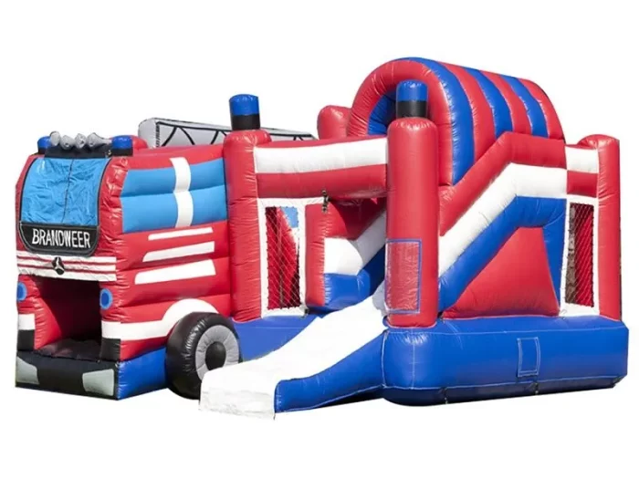 Fire truck-themed inflatable bounce house with slide, vibrant red, blue, and white design. Perfect for kids' parties. Buy online today!