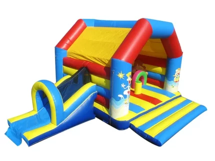 Colorful inflatable bounce house with slide, vibrant red, yellow, and blue design, and spacious play area. Perfect for kids' parties. Buy online now!