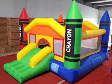 Crayon-themed bounce house with slide, perfect for kids' parties and events. Bright, durable, and fun. Buy affordable bounce houses online today!