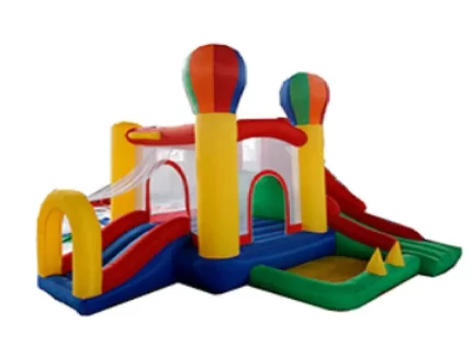 Hot air balloon-themed bounce house with dual slides and play area. Bright, durable, and perfect for kids' parties. Buy online for affordable fun today!