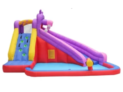 Colorful inflatable bounce house with climbing wall, dual slides, and splash pool. Perfect for kids' outdoor fun. Buy high-quality, affordable online.