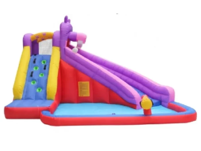 Colorful inflatable bounce house with climbing wall, dual slides, and splash pool. Perfect for kids' outdoor fun. Buy high-quality, affordable online.
