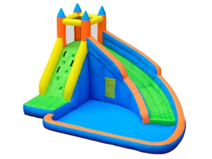 Vibrant inflatable bounce house with climbing wall, tall slide, and splash pool. Ideal for kids' outdoor play. Buy affordable, high-quality online.